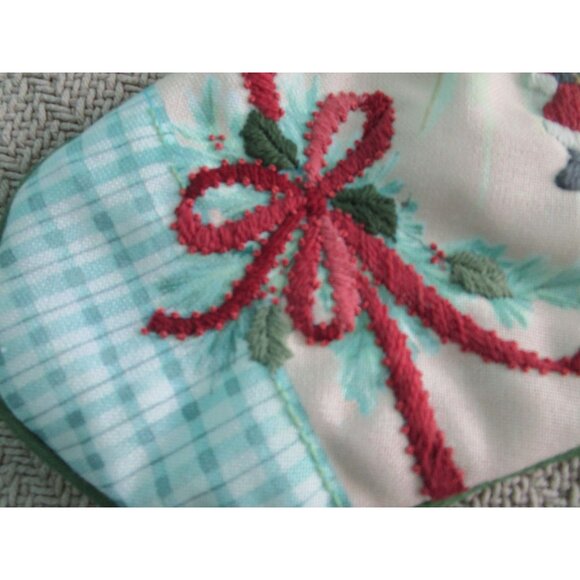 Vintage Embroidered Finished Christmas Stocking Girl Doll Teddy Bear Santa GUC - Picture 10 of 16